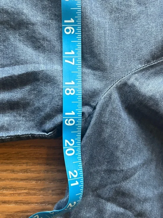 Denim Inspired Chambray Shift Dress White Floral Embroidered Tiered Bell Sleeves - Picture 6 of 8